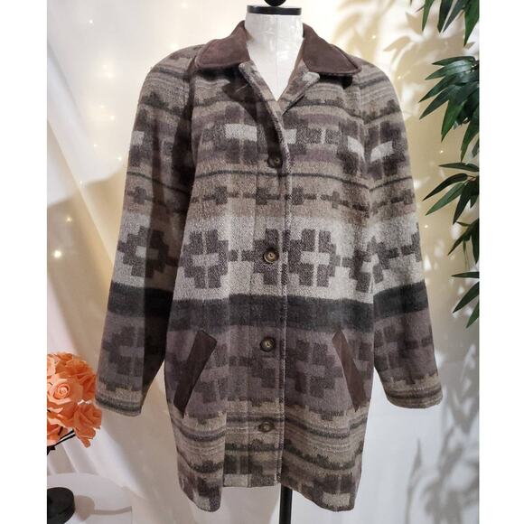 L.L. Bean Vintage Aztec Southwestern Wool Leather Blanket Jacket Womens Size L - Picture 1 of 12
